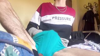 Big dick Spanish boy destroyed underpants gushing cum in mirror