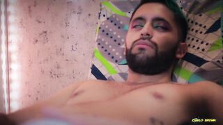 Big Latin cock throbs through white boxers leaks sticky mess solo