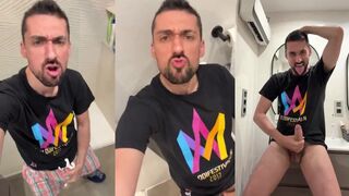 Solo guy unleashes massive cum explosion while jerking off thick cock