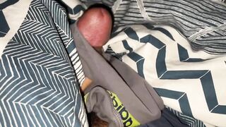 Mixed biracial boy squirted all over his tight gay boxer briefs while stroking his big cock