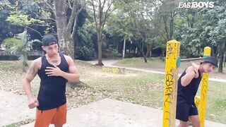 Two hot latino muscle jocks flex then get jerked off raw