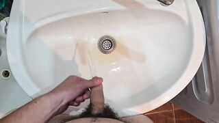 Desperate guy can’t hold his pee strokes and groans while pissing hard gay solo