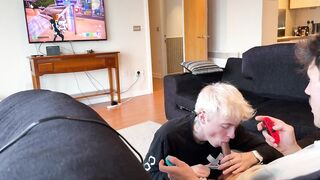 British blonde twink chokes on straight mate’s cum while gaming