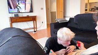 British blonde twink chokes on straight mate’s cum while gaming
