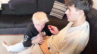 British blonde twink chokes on straight mate’s cum while gaming