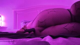 Femboy fishnet dildo anal self-fucked almost cumming hands-free