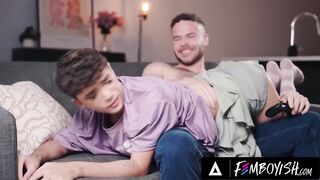 Femboy twink Sam Ledger teases boyfriend with blowjob to distract him while Marcus McNeil gets his thick dick fucked raw and rough in HD