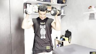 Latino muscle flexes till his big veiny cock explodes on his toy