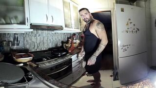Almost naked chef strokes his big Latino cock while cooking your dessert