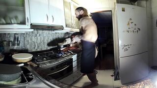 Almost naked chef strokes his big Latino cock while cooking your dessert