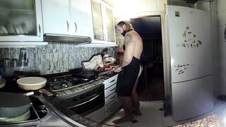Almost naked chef strokes his big Latino cock while cooking your dessert
