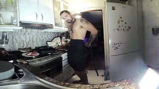 Almost naked chef strokes his big Latino cock while cooking your dessert