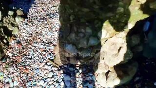 Big dick guy destroys cute twink on nudist beach with face fuck cumshot