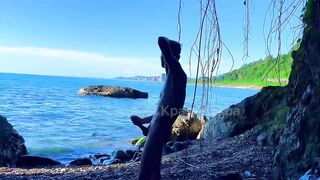 Big dick guy destroys cute twink on nudist beach with face fuck cumshot