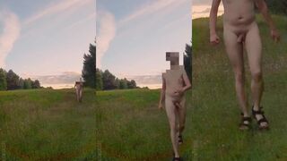 Polish naturist boy walks bare in village morning hard and proud