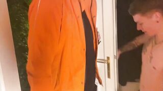 Step bro gets milked by tattooed delivery driver deep throat creampie
