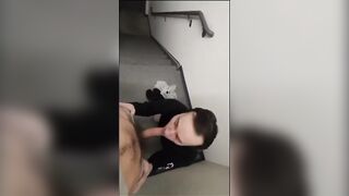 Twink stairwell blowjob gets huge cock raw breeding creampie bareback