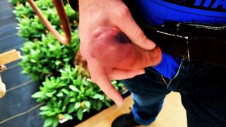 Caught jacking off in public by the big dick bear