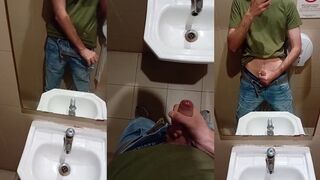Straight guy in blue jeans busts thick load in public toilet