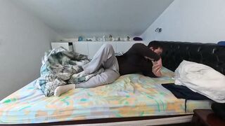 Messy cumshot from a hung twink solo slobbering his huge dick