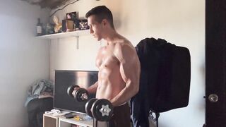 Muscle jock flexing sweaty biceps until he gets destroyed by his own flex