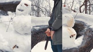 Femboy twink piss destroys snowman in the forest