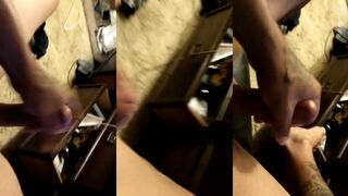 College stud jerks off his massive cock while fingering his tight ass