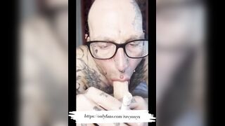 Split Tongue Smoking Blowjob destroys glasses fit guy climax