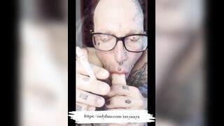 Split Tongue Smoking Blowjob destroys glasses fit guy climax