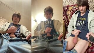 Guy jerks off alone on chair cum splattered shirt