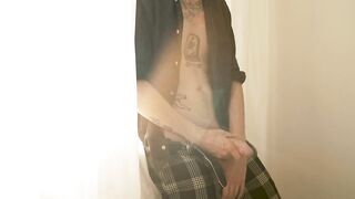Tattooed twink strokes his 20 cm monster after class drooling cumshot raw meat