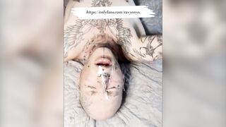 Tattooed face ruined with thick fake cum facial blowjob money shot