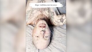 Tattooed face ruined with thick fake cum facial blowjob money shot