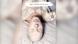 Tattooed face ruined with thick fake cum facial blowjob money shot