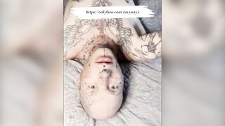 Tattooed face ruined with thick fake cum facial blowjob money shot