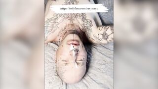 Tattooed face ruined with thick fake cum facial blowjob money shot