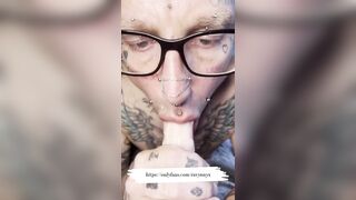 Closeup deep throat blowjob with split tongue and face tattoo