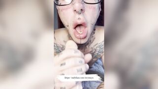 Closeup deep throat blowjob with split tongue and face tattoo