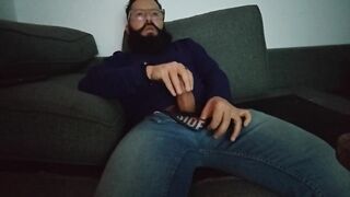 Gay hairy bearded guy jerks big cock straight man jizz