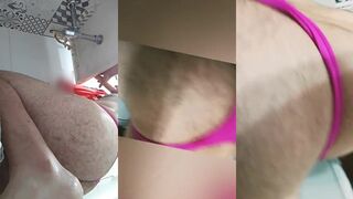 Straight guy sucks his own dildo in thong while playing with his big cock