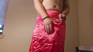 Handcuffed muscle trapped in office skirt jerking off alone