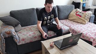 Boy jerks big cock watching porn on laptop and TV until mind blowing orgasm