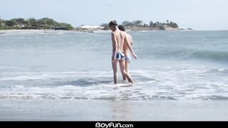 Hung twinks compare bulges then raw fuck and cream each other raw