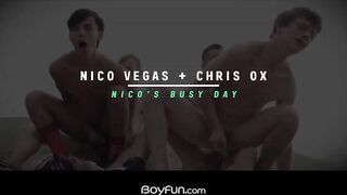 Twink gets a bareback jock’s hot load after cum eating blowjob