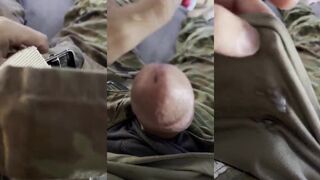 Army soldier jerks off in OCPs dripping cum through boxer briefs huge load