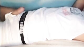 Gay hunk jacked off in white briefs leaks cum all over panties