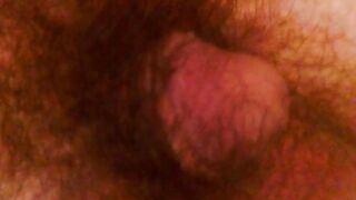 Gay chubby dude getting his bushy balls poked while relaxing solo