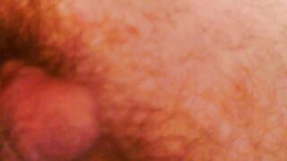 Gay chubby dude getting his bushy balls poked while relaxing solo
