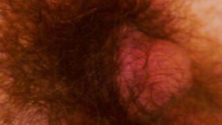 Gay chubby dude getting his bushy balls poked while relaxing solo