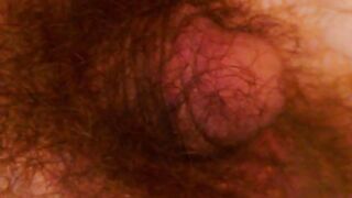 Gay chubby dude getting his bushy balls poked while relaxing solo